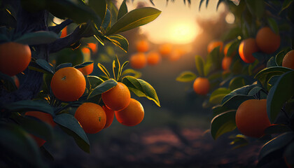 Juicy oranges grow on trees. orange farm. Generative AI