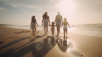 Happy family on summer walk. Generative AI