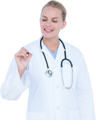 Fototapeta premium Smiling female doctor writing in the air