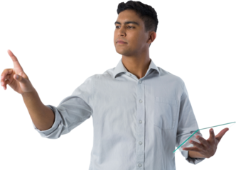 Man pretending to touch invisible screen