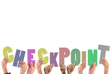 Cropped hands holding colorful word checkpoint  - obrazy, fototapety, plakaty