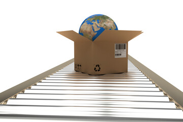 Cardboard box with globe on 3D conveyor belt