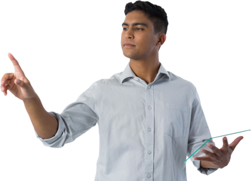 Man pretending to touch invisible screen