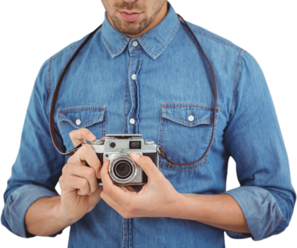 Mid section of man adjusting camera lens