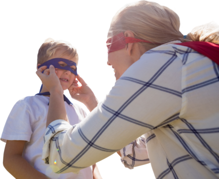 Mother and son pretending to be superhero