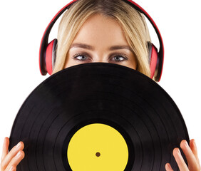 Portrait of a beautiful woman holding a vinyl 