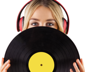 Portrait of a beautiful woman holding a vinyl 