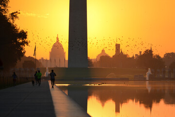 Washington Monument and Capitol Building as seen from Lincoln Memorial during sunrise - Washington...