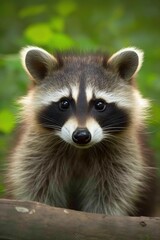 Naklejka na ściany i meble portrait of a raccoon, photo of raccoon outdoors in nature