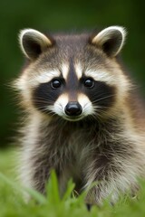 raccoon in the grass, photo of raccoon outdoors in nature