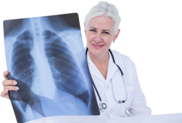 Portrait of smiling female doctor examining chest X-ray