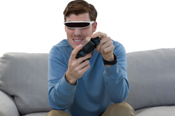 Man using virtual  reality glasses and joystick