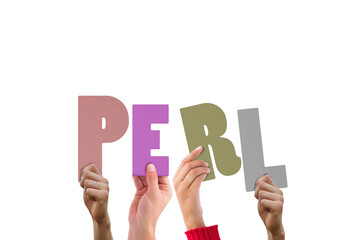 Colorful alphabet spelling Perl held up by people 