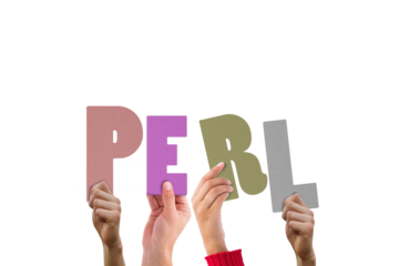 Colorful alphabet spelling Perl held up by people 