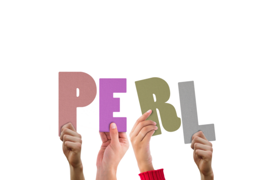 Colorful alphabet spelling Perl held up by people 