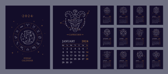 2024 Astrology wall monthly calendars with zodiac signs set. 12 months vertical calendar templates with zodiac constellations on dark blue sky, week starts on Monday thin line vector illustration - obrazy, fototapety, plakaty
