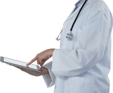 Midsection of female doctor using digital tablet