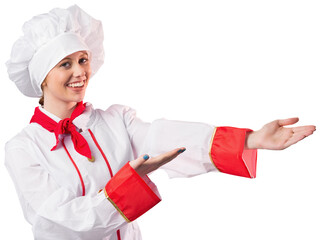 Pretty chef presenting with hands