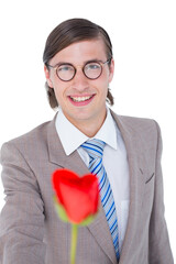 Fototapeta premium Geeky businessman offering a rose
