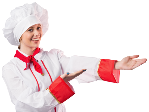 Pretty chef presenting with hands
