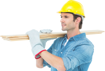Carpenter carrying wooden planks over white background