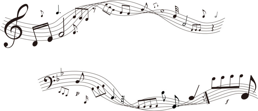 遠近感のある楽譜のフレームイラスト　五線譜　背景イラスト　音符、休符、音楽記号のイラスト	