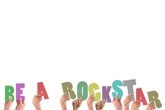 Colorful words held by hands 