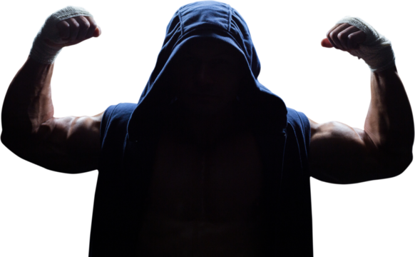 Athlete in hood flexing muscles - Powered by Adobe