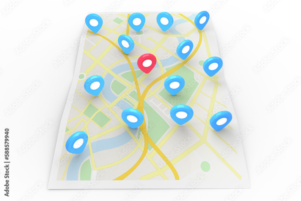 Poster red pointer surrounded by blue markers on world map