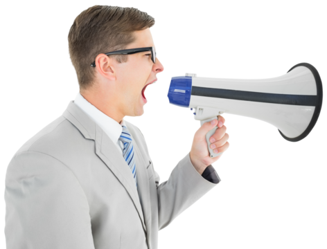 Geeky businessman shouting through megaphone