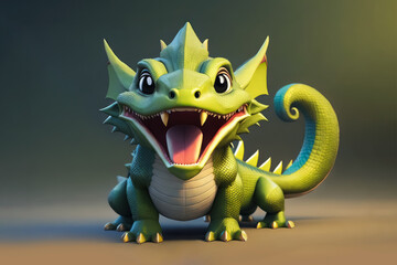 Green little baby cartoon cute dragon with a big smile on its face. With funny curly tail. Without wings. generative ai illustration