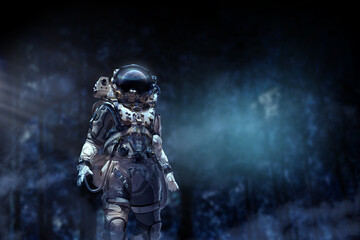 Fototapeta na wymiar Astronaut walking on an unexplored planet