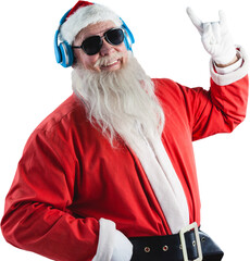 Santa Claus showing hand sign while listening to music on headphones