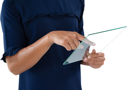 Mid section of female executive using a glass interface