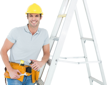 Worker holding tools while leaning on step ladder