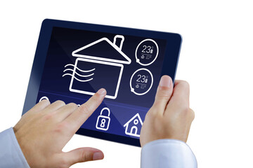 Person showing house icon on digital tablet