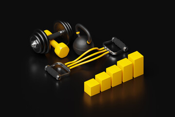 3D illustration, black dumbbells, kettlebells,  against the background of a growth graph on a black background.