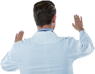 Rear view of doctor touching transparent interface