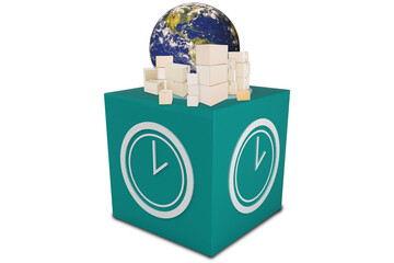 Digital image of boxes and globe on green cube 