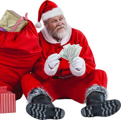 Naklejka premium Santa Claus sitting by sack full of gifts counting currency notes