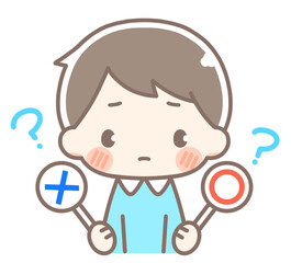 マルとバツの札で悩む男の子