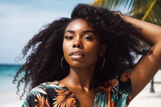 Beautiful black young woman enjoying a tropical beach. Generative AI