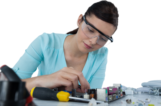 Female engineer repairing computer motherboard