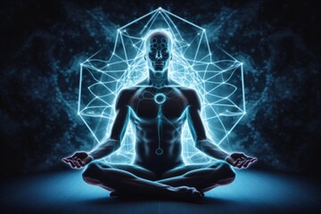 depicts the mind-body connection, a person sitting cross-legged with their hands on their knees and their eyes closed, to capture the essence of yoga  meditation