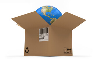 Graphic image of globe in cardboard box