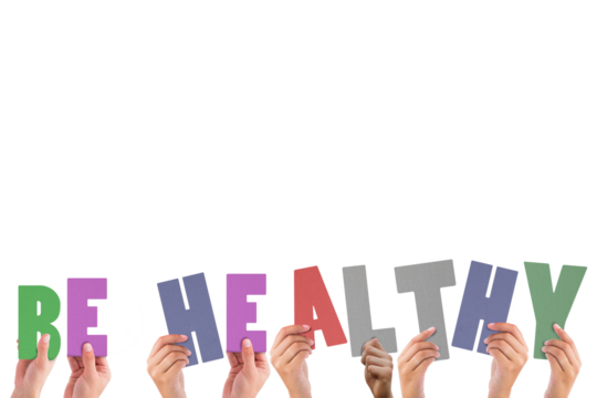 Colorful alphabet spelling be healthy held up by people 