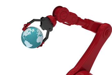 Cropped image of red robotic claw holding earth