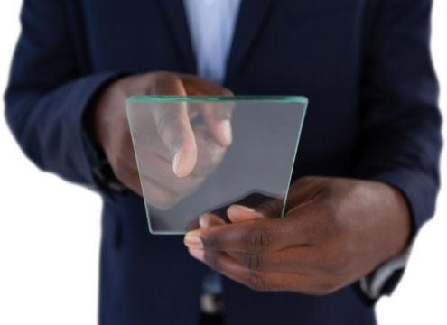 Mid section of businessman in suit holding glass interface