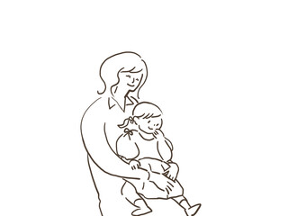 小さいこどもを抱きしめる女性、お母さん、母親、（線画）
￼