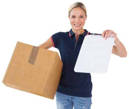 Happy delivery woman holding cardboard box and clipboard